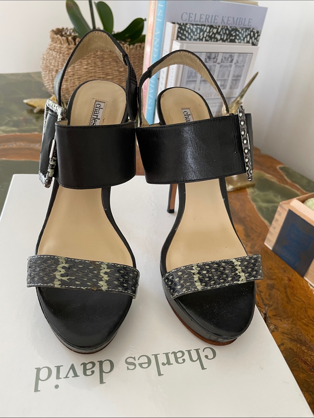 Charles David Black Leather High Heel Slingbacks with Snake-Print Toe Strap 7.5